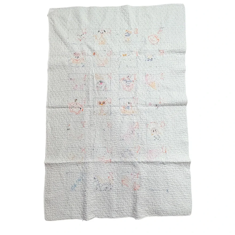 Vintage Kincaid Alphabet Baby Quilt Hand Embroidered Nursery Blanket White 32x48
